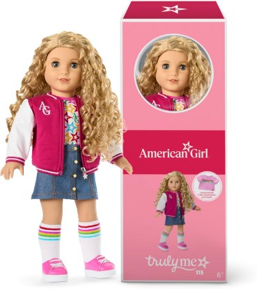 Picture of American Girl Truly Me 18-inch Doll #115 with Gray Eyes, Curly Blonde Hair, Light Skin, Varsity Jacket, for Ages 6+