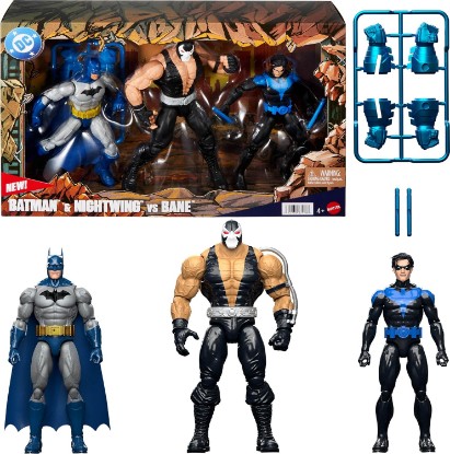 Picture of ​Mattel DC Premier Series 3-Pack, 6.5in Batman & Nightwing Vs Bane | Set with 3 Action Figures & Batons & Oversized Gauntlets, Super Heroes and Super-Villain Play (Amazon Exclusive)