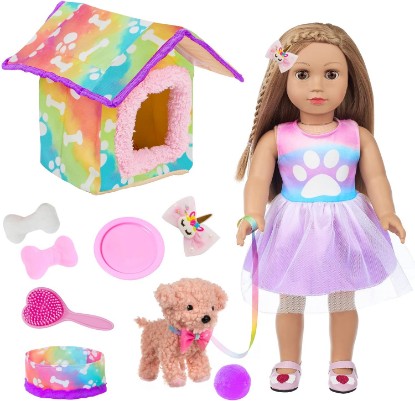 Picture of DOTVOSY American 18 Inch Doll's Clothes and Accessories Pets Dog Play Sets for 18" Doll Included Dress,Pets Dog,pet Nest, Toy Ball, Hair Comb