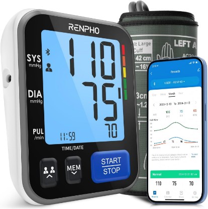 Picture of RENPHO Smart Blood Pressure Monitor, Wide Cuff, Data Storage, Bluetooth | BP Machine with Wide Range Cuff for Large Size for All Arm Sizes, Multi-User, Family Supplies, Home Use, FSA Eligible HSA Global Recycled Standard