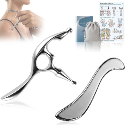 Picture of Rena Chris Trigger Point Massage Tool & Muscle Scraper Tool, Stainless Steel Body Gua Sha Tool for Deep Tissue Pain Relief & Fascia Release, with Travel Pouch & Guide (2-Piece Kit)