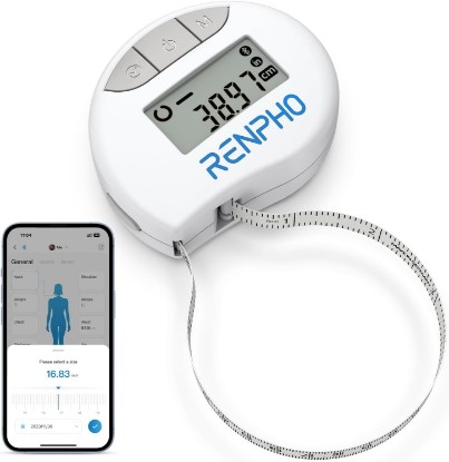 Picture of RENPHO Smart Body Measuring Tape, Bluetooth App, 60in, for Weight Loss | For Weight Loss & Fitness, Tracks Waist, Hip, Bust, Arms, Retractable, Multi-Metric Tracking, Gym Accessories, Workout Gifts Global Recycled Standard