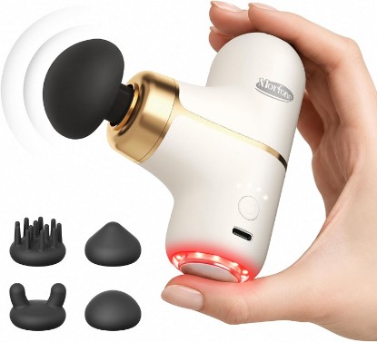 Picture of Super Mini Massage Gun with Heat & Red Light, 0.48 lb Travel Massage Gun | Palm-Sized Deep Tissues Percussion Muscle Massager 4 Heads 4 Speeds Compact Ultra-Quiet Type-C Charging for Home Office White Global Recycled Standard