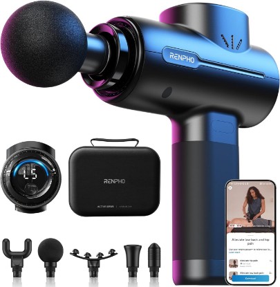 Picture of RENPHO Active+ Massage Gun, App-Controlled Guided Courses, Bluetooth | Handheld Percussion Massager, Deep Tissue Muscle Relaxation, 5 Speeds, 5 Heads, Carry Case, For Athletes, Gym and Travel Global Recycled Standard