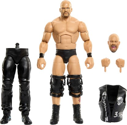 Picture of Mattel WWE Elite Collection Action Figure & Accessories, Premium Live Event “Stone Cold” Steve Austin Set, SummerSlam Series with Jesse “The Body” Ventura Build-A-Figure Parts​​​