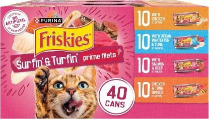 Picture of Purina Friskies Prime Filets Cat Food Variety Pack, 40 Pack 5.5 oz Cans | Surfin' and Turfin' wet cat food favorites in a savory gravy, made with real meat, poultry and seafood