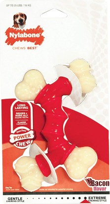Picture of Nylabone Power Chew Double Bone Dog Chew Toy, Bacon Flavor, Medium | Durable dog toy for medium dogs up to 35 lbs, teeth-cleaning textures, discourages destructive chewing, flavor throughout