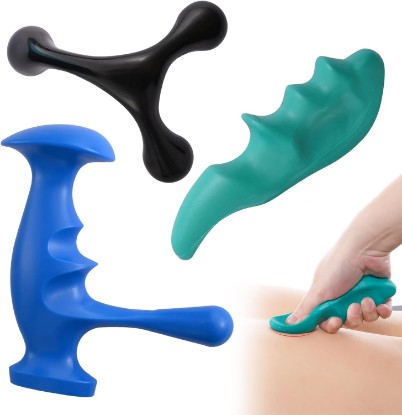 Picture of Manual Trigger Point Massage Tool and Thumb Saver for Full Body Deep Tissue Massage, Set Include 1 Green Thumb Protector Tool 1 Palm Urchin Massage Tool Hand Held 4-Legged Massage Knobs