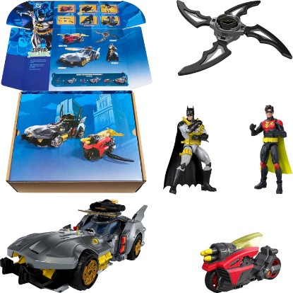 Picture of Mattel DC Premier Series Batlink Multi-Pack, Batmobile & Robin Cylcle | Includes Batman & Robin Figures, 2 Batarang Roleplay Weapons, Modular Mix and Match Play (Amazon Exclusive)