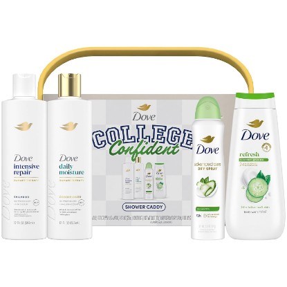 Picture of Dove Shower Caddy College Confident Gift Set – Cucumber & Green Tea Body Wash, Intensive Repair Shampoo, Daily Moisture Conditioner, Cool Essentials Deodorant for Women (5 Piece Set)