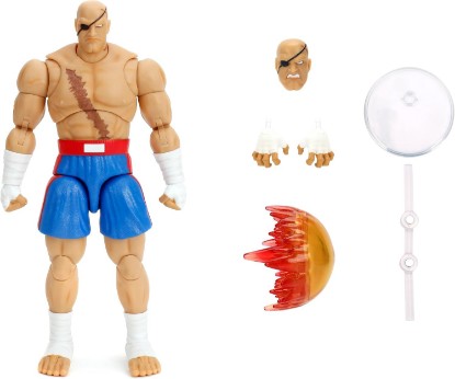 Picture of Jada Street Fighter II Sagat Deluxe 1:12 Scale Action Figure - Highly Articulated, Tiger Shot Accessory & Stand, 7.6" Tall