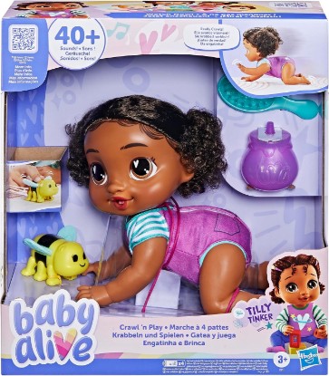 Picture of Baby Alive Crawl 'n Play Tilly Tinker Electronic Crawling Baby Doll Set, Black Hair, Kids Toys for Girls & Boys 3 Years & Up, 10.75 Inches