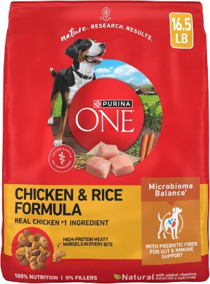Picture of Purina ONE Chicken & Rice Formula Dry Dog Food, 16.5 lb Bag | High protein dog food with a microbiome balance and SmartBlend of ingredients like prebiotic fiber for gut and immune support