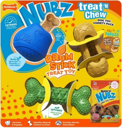 Picture of Nylabone NUBZ Treat N' Chew Dog Toy Variety Pack, Natural Rubber, 3-Count, Average Chewers, Dental Cleaning | Textured nubs clean teeth and massage gums while bacon flavor keeps dogs engaged through every chew session