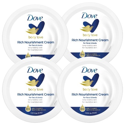 Picture of Dove Nourishing Body Care, Face, Hand, and Body Rich Nourishment Cream for Extra Dry Skin with 48-Hour Moisturization, 4-Pack, 2.53 Oz Each Jar