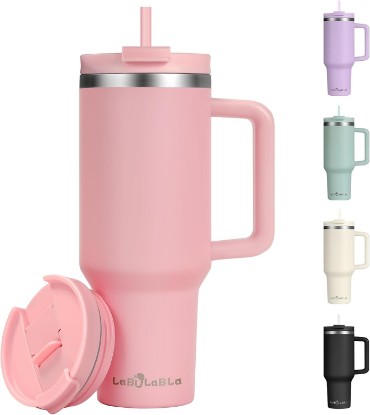 Picture of Labulabla 40oz Tumbler with Handle,Double Wall Vacuum Reusable Stainless Steel Insulated Water Bottle,With Leak Proof lid and Straw for Iced or Cold Beverages (light pink)