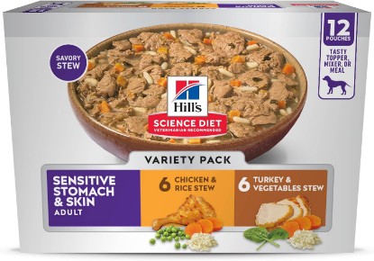 Picture of Hill's Science Diet Sensitive Stomach & Skin Wet Dog Food Variety Pack | #1 Veterinarian Recommended, Adult Formula, Chicken & Rice Stew, Turkey & Vegetables Stew, 2.8 oz. Pouches, 12-Pack