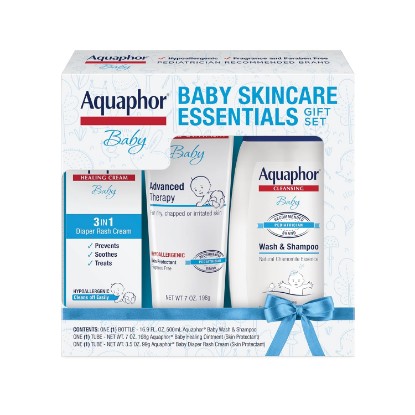 Picture of Aquaphor Baby Skin Care Essentials Gift Set, 3 Item Variety Pack | Baby Wash and Shampoo (16.9 FL OZ), Healing Ointment for Chapped Skin and Drool Rash (7 OZ), Diaper Rash Cream (3.5 OZ)