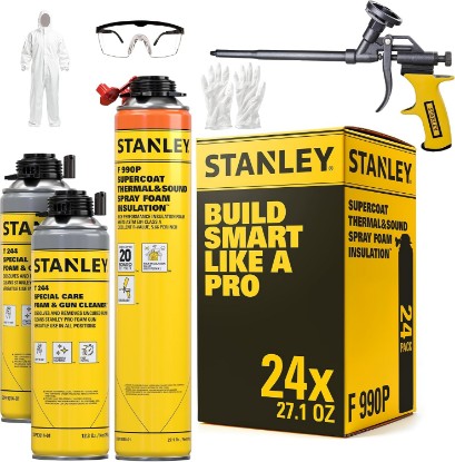 Picture of STANLEY F 990P Supercoat Spray Foam Insulation Kit - Closed Cell Spray Foam Covers Up to 480 Sq.Ft.,(11.32 / 2 inch R-Value) - Gun, Cleaner, Safety Items Included - 27.1 oz, 24 Pack
