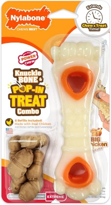 Picture of Nylabone Power Chew Knuckle Bone & Pop-In Dog Treat Toy, Medium | Chicken flavor, includes 6 natural treats, dog enrichment, interactive dog toys to keep them busy, for dogs up to 35 lbs