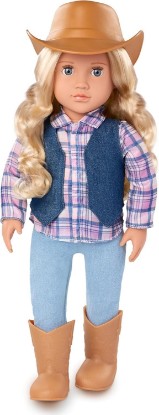 Picture of Our Generation Ashleigh 18-Inch Cowgirl Doll, Western Outfit Set, Dolls | Gray eyes open and close, wavy light-blonde hair, soft body, cowboy hat, plaid shirt, vest, pants and boots, Dolls, 3+ Years
