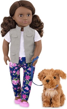 Picture of Our Generation 18-inch Doll Malia with Poodle, Doll and Pet Set, Dolls | Brown eyes and curly brown hair, outfit, plush poodle, leash, collar with medal, toys, and comb for pretend play, 3+ Years
