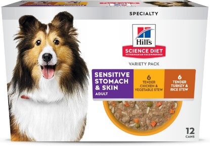 Picture of Hill's Science Diet Sensitive Stomach & Skin Wet Dog Food Variety Pack | #1 Veterinarian Recommended, Adult Formula, Chicken & Vegetable Stew, Turkey & Rice Stew, 12.5 oz. Cans, 12-Pack
