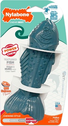 Picture of Nylabone Power Chew Love Our Oceans Textured Fish Dog Chew Toy, Medium | Salmon flavor, durable chew toys, long lasting, flavor throughout, for dogs up to 35 lbs, teeth-cleaning textures