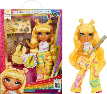Picture of Rainbow High Jr High Rock Band - Sunny, Yellow 9” Fashion Doll with Guitar, Customize with Stickers, Posable, Great Toy Gift for Kids Ages 4+