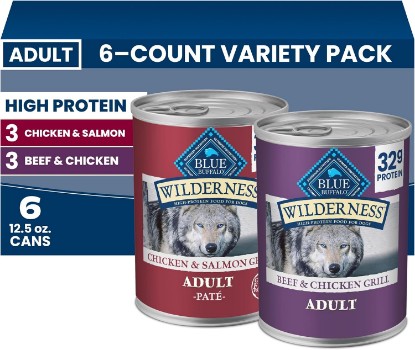 Picture of Blue Buffalo Wilderness Variety Pack Adult Wet Dog Food, 12.5 oz, 6 ct | Beef & Chicken Grill and Chicken & Salmon Grill (3 of each), High Protein & Grain-Free Recipes, Natural Ingredients