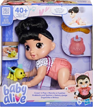 Picture of Baby Alive Crawl 'n Play Katie Kat Electronic Crawling Baby Doll Set, Black Hair, Kids Toys for Girls & Boys 3 Years & Up, 10.75 Inches