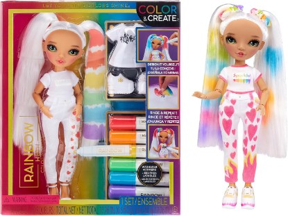 Picture of Rainbow High Color & Create Fashion DIY Doll with Washable Rainbow Markers, Green Eyes, Straight Hair in 2 Pig Tails, Bonus Top & Shoes. Color, Create, Play, Rinse and Repeat. Creative 4-12+