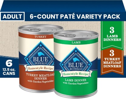 Picture of Blue Buffalo Homestyle Recipe Variety Pack Wet Dog Food, 12.5 oz, 6 ct | Turkey & Lamb Dinner (3 of Each), No Chicken By-Product, Corn, Wheat, or Soy