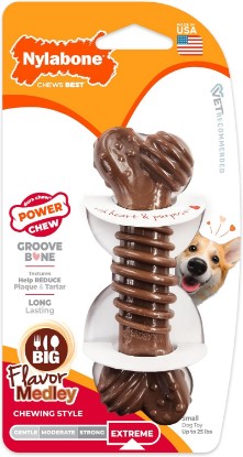 Picture of Nylabone Power Chew Dental Groove Bone Dog Chew Toy, Flavor Medley, Small | Teeth-cleaning textures, durable dog toys for aggressive chewers, discourages destructive chewing, for dogs up to 25 lbs