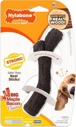 Picture of Nylabone Strong Chew Stick Made with Real Wood Dog Chew Toy, Medium | Bacon flavor, medium breeds, no splintering, durable chew toys, long lasting, helps clean teeth, medium breeds up to 35 lbs