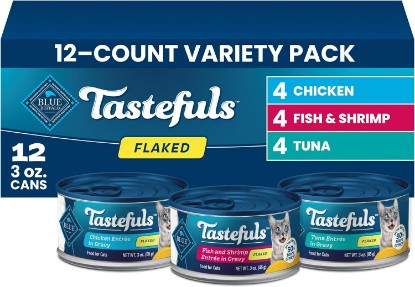 Picture of Blue Buffalo Tastefuls Variety Pack Wet Cat Food, 3 oz, 12 ct | Tuna, Chicken & Fish and Shrimp Entrées in Gravy (4 of Each), No Corn, Wheat, or Soy