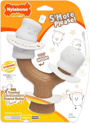Picture of Nylabone Strong Chew Marshmallow Stick Dog Chew Toy, Large | Marshmallow & peanut butter flavor, made with real wood, no splintering, durable chew toys, long lasting, 3 chewing ends