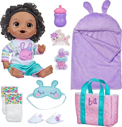 Picture of Baby Alive Bunny Sleepover Baby Doll, Bedtime-Themed 12-Inch Dolls, Sleeping Bag & Bunny-Themed Doll Accessories, Toys for 3 Year Old Girls and Boys and Up, Black Hair (Amazon Exclusive)