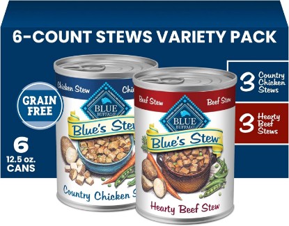 Picture of Blue Buffalo Blue's Stew Variety Pack Wet Dog Food, 12.5 oz, 6 ct | Grain-Free, Hearty Beef & Country Chicken Recipes, Diced Carrots, Potatoes & Peas, No Corn, Wheat, or Soy