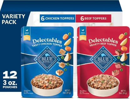 Picture of Blue Buffalo Delectables Variety Pack Dog Food Topper, 3 oz, 12 ct | Grain-Free, Chicken & Beef Recipes, Real Meat Cuts in Gravy, Single-Serve Pouches