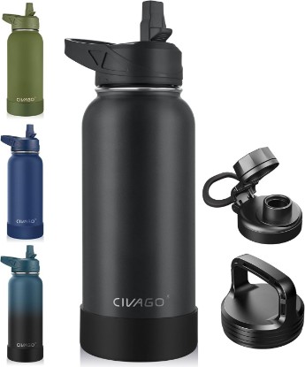 Picture of CIVAGO 32 oz Insulated Stainless Steel Water Bottle With Straw and 3 Lids | Large Metal Sports Water Jug, Leakproof Reusable Wide Mouth Thermal Flask Cup with Silicone Boot, BPA-Free, Black