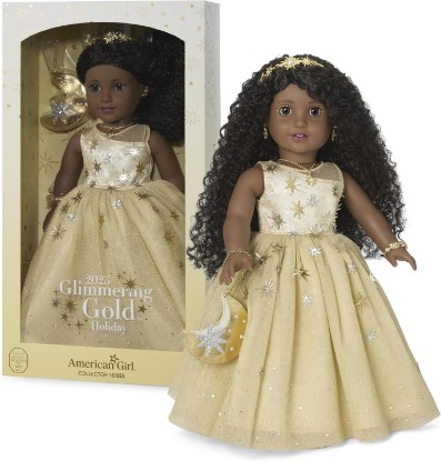 Picture of American Girl 2025 Glimmering Gold Holiday Collector Doll, with Brown Eyes, Long Curly Black Hair, Ages 8+