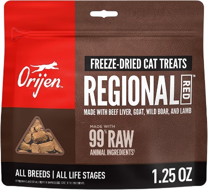 Picture of ORIJEN Freeze Dried Cat Treats Regional Red 1.25oz Bag | 99% Animal Ingredients, Freeze Dried, Grain Free, High Protein, 1 Calorie Each, Ideal for Training, Nutrients Locked In