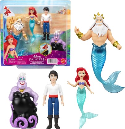 Picture of ​Mattel Disney Princess Ariel Set of 4 Small Dolls Inspired by Movie | Movie Character Set w/ Posable Small Dolls of Mermaid Ariel, Prince Eric, Ursula & King Triton, Plus Trident Accessory
