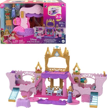 Picture of Mattel Disney Princess Toys, Carriage to Castle Transforming Playset with Aurora Small Doll, 4 Figures, Furniture & Accessories​​​