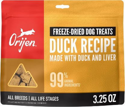 Picture of ORIJEN WHOLEPREY Freeze Dried Dog Treats Free Run Duck 3.25oz Bag | 99% Animal Ingredients, Freeze Dried, High Protein, Made in the USA, Global Quality Ingredients, Nutrients Locked In