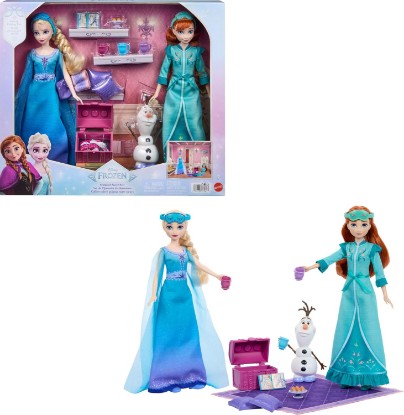 Picture of Mattel Disney Frozen Anna & Elsa Slumber Sister Set of 2 Fashion Dolls | Royal Fitting Eve-Inspired Nightgown Fashions & Slippers, Olaf Figure & 12 Accessories, Including Pillows & Eye Masks