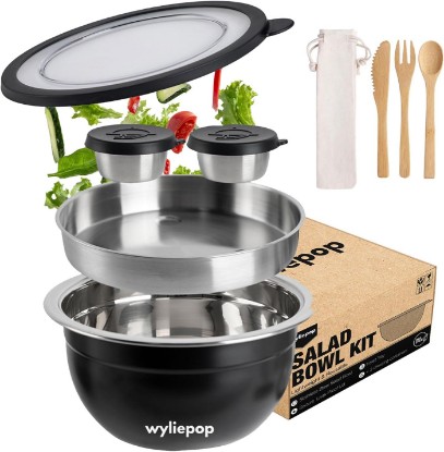 Picture of 64oz Stainless Steel Salad Bowl Kit & 3Pcs Bamboo Cutlery Set with 2x Condiment Containers, Insert Tray, Bowl & Leakproof Lid - Salad Bowl To Go Lunch Portable Reusable