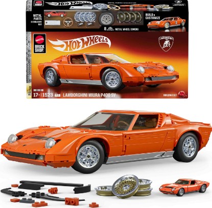 Picture of Mattel Brick Shop Hot Wheels Lamborghini Miura P400 SV Building Toy Kit | 1523 Pieces, Realistic Details, Custom Decals, 1:64 Scale Metal Car, Premium Series, Adult Collectors and Kids Ages 10+