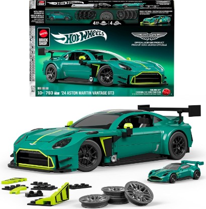 Picture of Mattel Brick Shop Hot Wheels ’24 Aston Martin Vantage GT3 Building Set | 793 Pieces, Realistic Details, Custom Decals, 1:64 Scale Metal Car, Gift Idea Adult Collectors and Kids Ages 10+